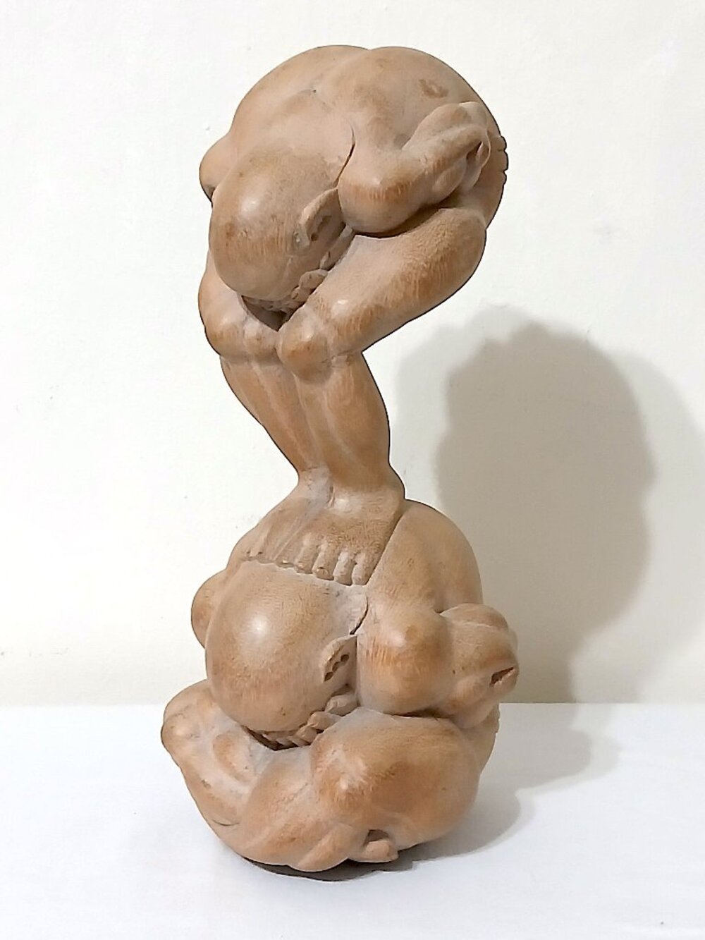 Vintage Hand Carved Indonesian Orang Malu Weeping Buddha Double Wood Statue 11"